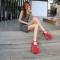 Peep Cross Toe Stiletto Heels Sequined Ankle Buckle Straps Platforms Pumps - Red