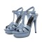 Peep Toe Fish Mouth Stiletto Heels Platforms Ankle Buckle T Straps Summer Elegant Sandals - Navy Blue Patent