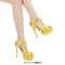 Peep Toe Fish Mouth Stiletto Heels Platforms Ankle Buckle T Straps Summer Elegant Sandals - Yellow Patent