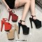 Peep Toe Stiletto Heels Ankle Buckle Straps Platforms Sandals - Burgundy Flock