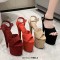 Peep Toe Stiletto Heels Ankle Buckle Straps Platforms Sandals - Burgundy Flock