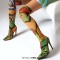 Pointed Toe Stiletto Heels Art Graffiti Over The Knee Thigh Highs Boots - Green