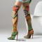 Pointed Toe Stiletto Heels Art Graffiti Over The Knee Thigh Highs Boots - Green