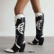 Pointed Toe Chunky Heels Knee Highs Western Butterfly Cowgirl Boots - Black Faux Leather
