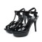 Peep Toe Fish Mouth Stiletto Heels Platforms Ankle Buckle T Straps Summer Elegant Sandals - Black Patent