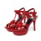 Peep Toe Fish Mouth Stiletto Heels Platforms Ankle Buckle T Straps Summer Elegant Sandals - Red Patent