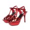 Peep Toe Fish Mouth Stiletto Heels Platforms Ankle Buckle T Straps Summer Elegant Sandals - Metallic Red Patent