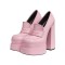 Round Toe Double Platforms Chunky Heels Slip On Loafers Pumps - Pink Faux Leather