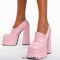 Round Toe Double Platforms Chunky Heels Slip On Loafers Pumps - Pink Faux Leather