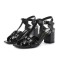 Square Toe Chunky Heels Ankle Buckle T Straps Crocodile Texture Beach Shoes Sandals - Black Leather
