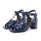 Square Toe Chunky Heels Ankle Buckle T Straps Crocodile Texture Beach Shoes Sandals - Blue Leather
