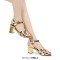 Square Toe Chunky Heels Ankle Buckle T Straps Crocodile Texture Beach Shoes Sandals - Gold Leather