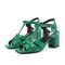 Square Toe Chunky Heels Ankle Buckle T Straps Crocodile Texture Beach Shoes Sandals - Green Leather