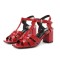 Square Toe Chunky Heels Ankle Buckle T Straps Crocodile Texture Beach Shoes Sandals - Red Leather