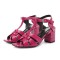 Square Toe Chunky Heels Ankle Buckle T Straps Crocodile Texture Beach Shoes Sandals - Rose Leather