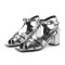 Square Toe Chunky Heels Ankle Buckle T Straps Crocodile Texture Beach Shoes Sandals - Silver Leather