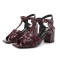 Square Toe Chunky Heels Ankle Buckle T Straps Crocodile Texture Beach Shoes Sandals - Wine Leather