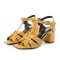Square Toe Chunky Heels Ankle Buckle T Straps Crocodile Texture Beach Shoes Sandals - Yellow Leather