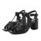 Square Toe Chunky Heels Ankle Buckle T Straps Fish Mouth Beach Shoes Sandals - Black Leather