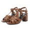 Square Toe Chunky Heels Ankle Buckle T Straps Fish Mouth Beach Shoes Sandals - Brown Leather