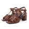 Square Toe Chunky Heels Ankle Buckle T Straps Fish Mouth Beach Shoes Sandals - Red Brown Leather