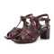Square Toe Chunky Heels Ankle Buckle T Straps Fish Mouth Beach Shoes Sandals - Wine Red Leather