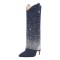 Pointed Toe Knee High Fold Down Pull On Stiletto High Heels Rhinestones Boots - Dark Blue
