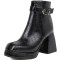 Square Toe Chunky Heels Ankle High Buckle Straps Snake Print Boots - Black