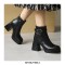Square Toe Chunky Heels Ankle High Buckle Straps Snake Print Boots - Black
