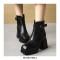 Square Toe Chunky Heels Ankle High Buckle Straps Snake Print Boots - Black