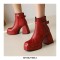 Square Toe Chunky Heels Ankle High Buckle Straps Snake Print Boots - Red