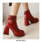 Square Toe Chunky Heels Ankle High Buckle Straps Snake Print Boots - Red