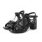 Square Toe Chunky Heels Ankle Buckle T Straps Ostrich Texture Beach Shoes Sandals - Black Leather