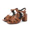 Square Toe Chunky Heels Ankle Buckle T Straps Ostrich Texture Beach Shoes Sandals - Brown Leather