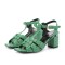 Square Toe Chunky Heels Ankle Buckle T Straps Ostrich Texture Beach Shoes Sandals - Green Leather