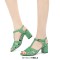 Square Toe Chunky Heels Ankle Buckle T Straps Ostrich Texture Beach Shoes Sandals - Green Leather
