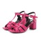 Square Toe Chunky Heels Ankle Buckle T Straps Ostrich Texture Beach Shoes Sandals - Rose Leather