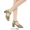 Square Toe Chunky Heels Ankle Buckle T Straps Ostrich Texture Beach Shoes Sandals - Light Green Leather