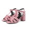 Square Toe Chunky Heels Ankle Buckle T Straps Ostrich Texture Beach Shoes Sandals - Pink Leather