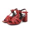 Square Toe Chunky Heels Ankle Buckle T Straps Ostrich Texture Beach Shoes Sandals - Red Leather