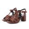 Square Toe Chunky Heels Ankle Buckle T Straps Ostrich Texture Beach Shoes Sandals - RedBrown Leather