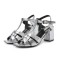 Square Toe Chunky Heels Ankle Buckle T Straps Ostrich Texture Beach Shoes Sandals - Silver Leather