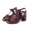 Square Toe Chunky Heels Ankle Buckle T Straps Ostrich Texture Beach Shoes Sandals - Wine Leather