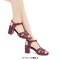 Square Toe Chunky Heels Ankle Buckle T Straps Ostrich Texture Beach Shoes Sandals - Wine Leather