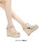 Peep Toe Hemb Rope Platforms Ankle Buckle T Straps Ostrich Texture Summer Wedges Sandals - Beige Leather