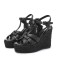 Peep Toe Hemb Rope Platforms Ankle Buckle T Straps Ostrich Texture Summer Wedges Sandals - Black Leather