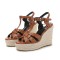 Peep Toe Hemb Rope Platforms Ankle Buckle T Straps Ostrich Texture Summer Wedges Sandals - Brown Leather
