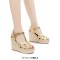 Peep Toe Hemb Rope Platforms Ankle Buckle T Straps Ostrich Texture Summer Wedges Sandals - Gold Leather