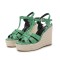 Peep Toe Hemb Rope Platforms Ankle Buckle T Straps Ostrich Texture Summer Wedges Sandals - Green Leather