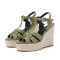 Peep Toe Hemb Rope Platforms Ankle Buckle T Straps Ostrich Texture Summer Wedges Sandals - Light Green Leather